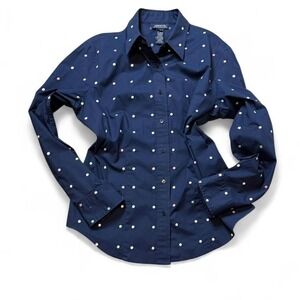 Jones New York Navy Embroidered Polka Dot Shirt